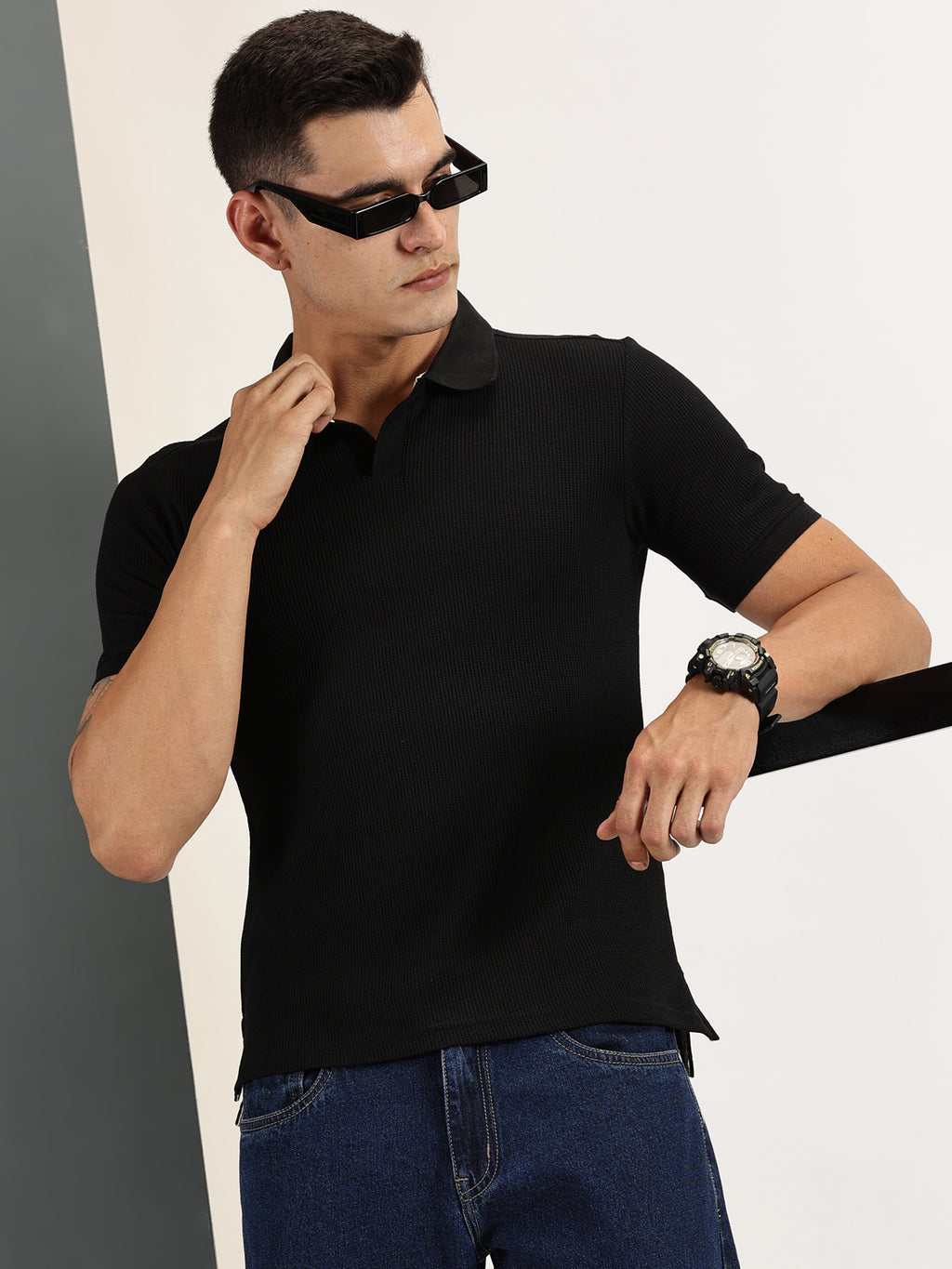 Endeavour Wear Black Waffle Polo T-shirt