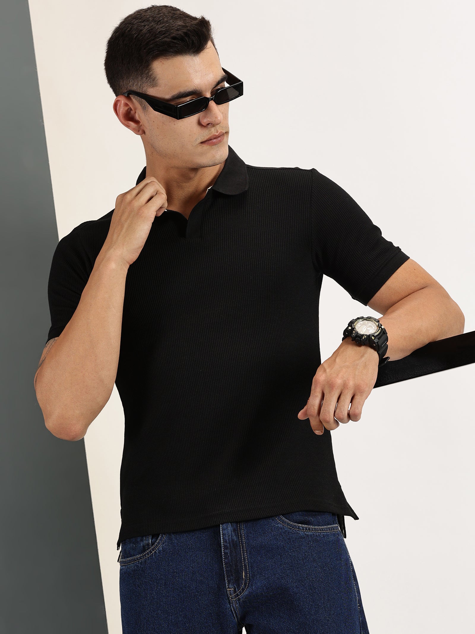 Endeavour Wear Black Waffle Polo T-shirt