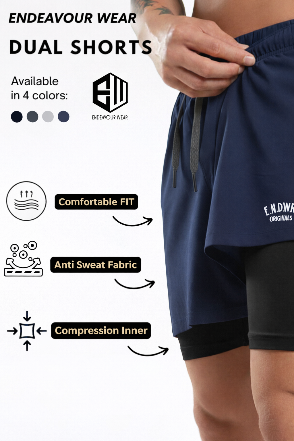 Endeavour Wear Men Navy 2 in 1 Active Sports Shorts