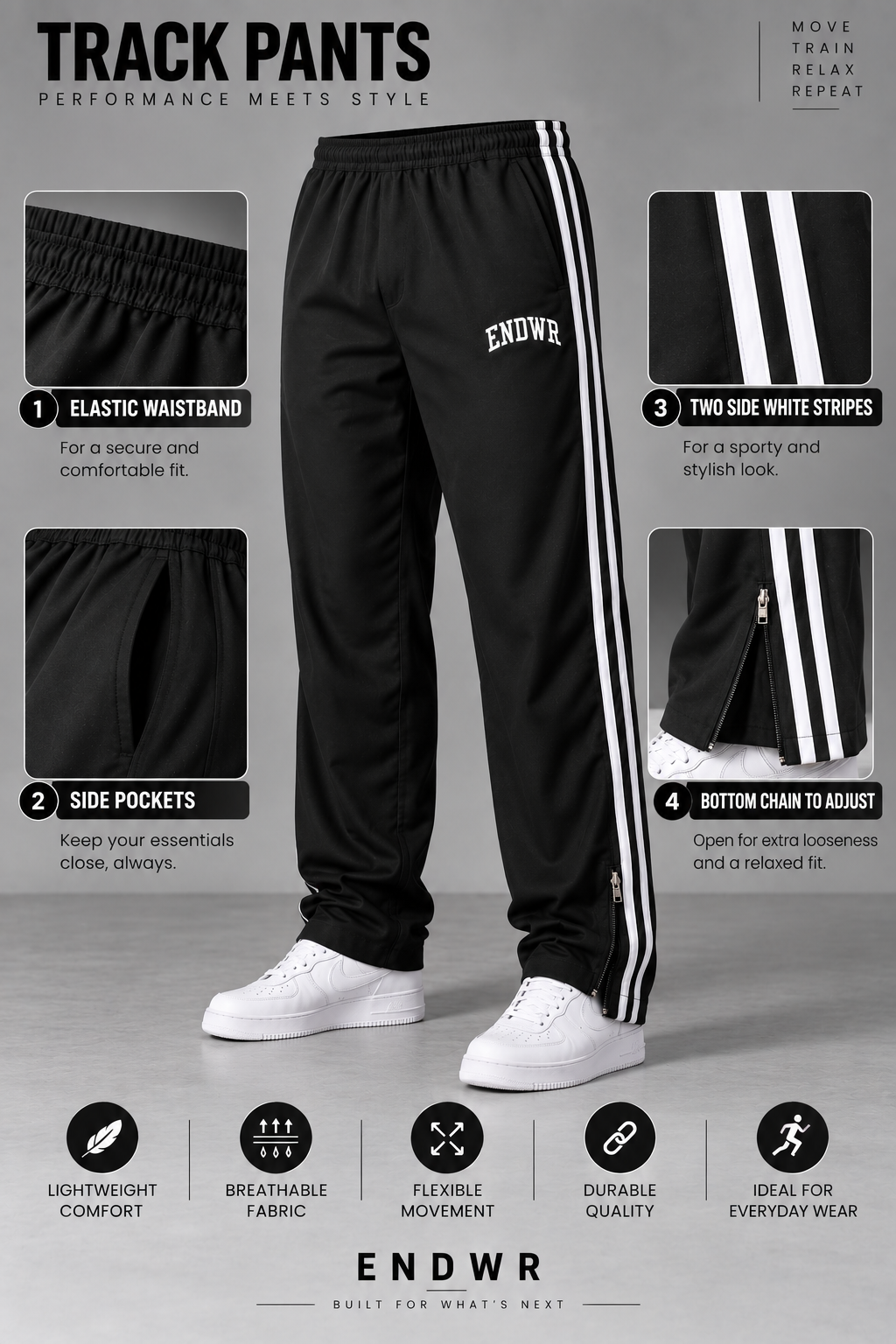 Endeavour Wear Men’s Urban Striped Pattern Track Pants Black