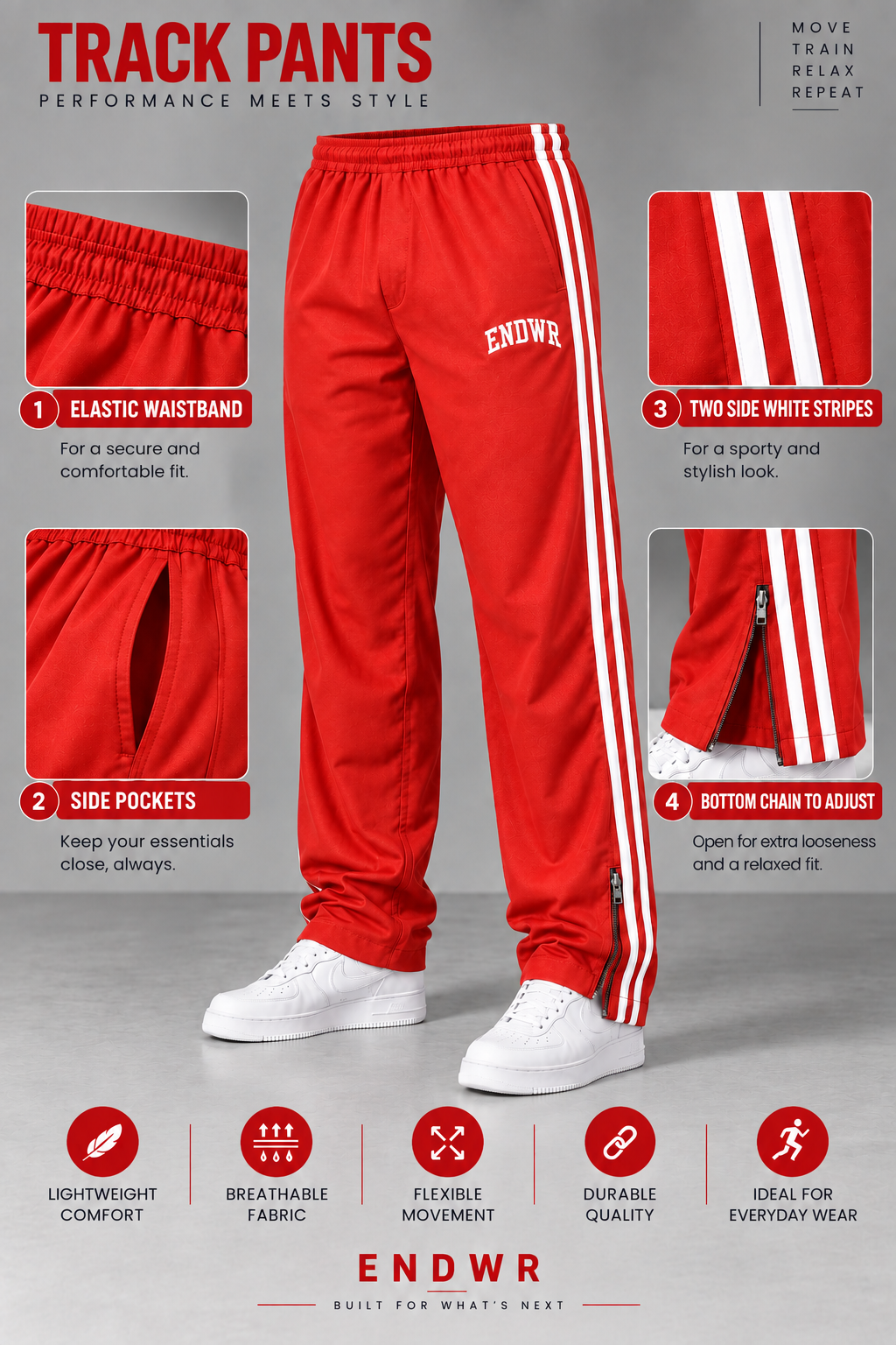 Endeavour Wear Men’s Urban Striped Pattern Track Pants Red