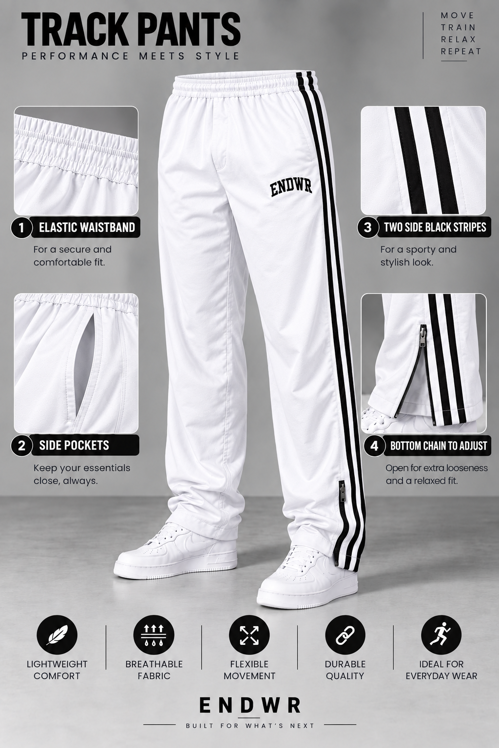 Endeavour Wear Men’s Urban Striped Pattern Track Pants White